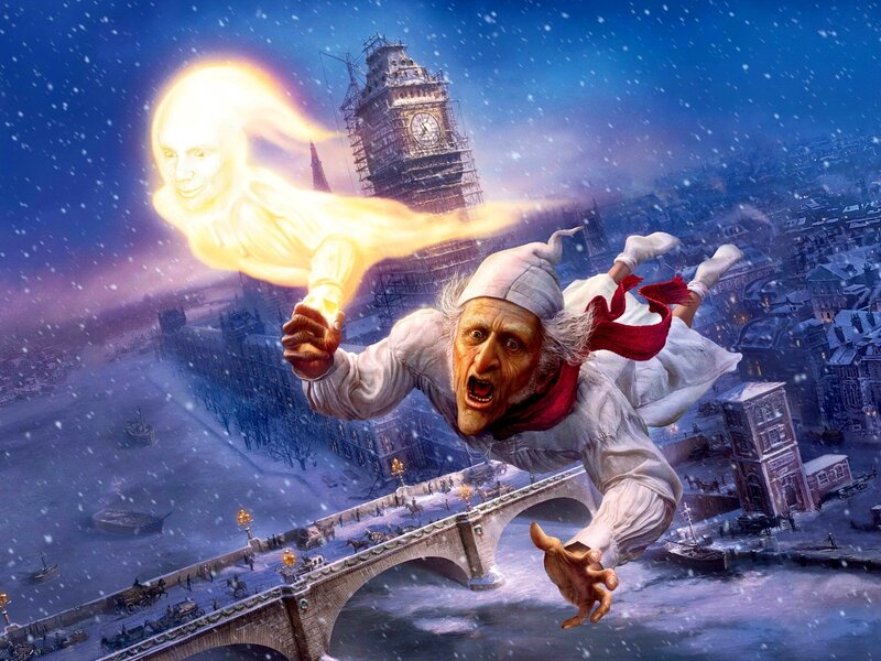 Flying man over snowy London