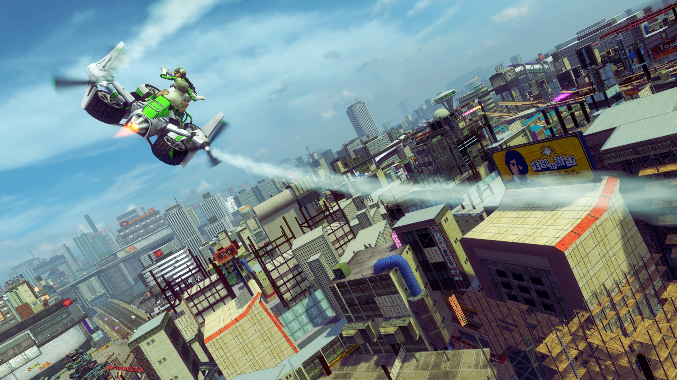 flying motorcycle over city