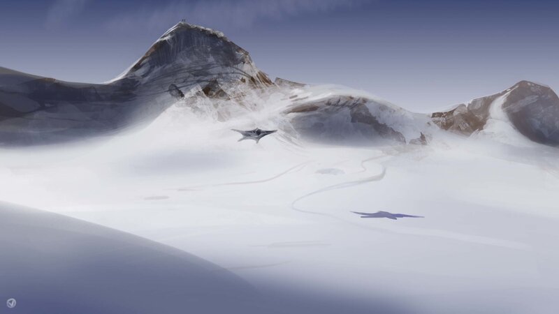 flying over snowy mountains