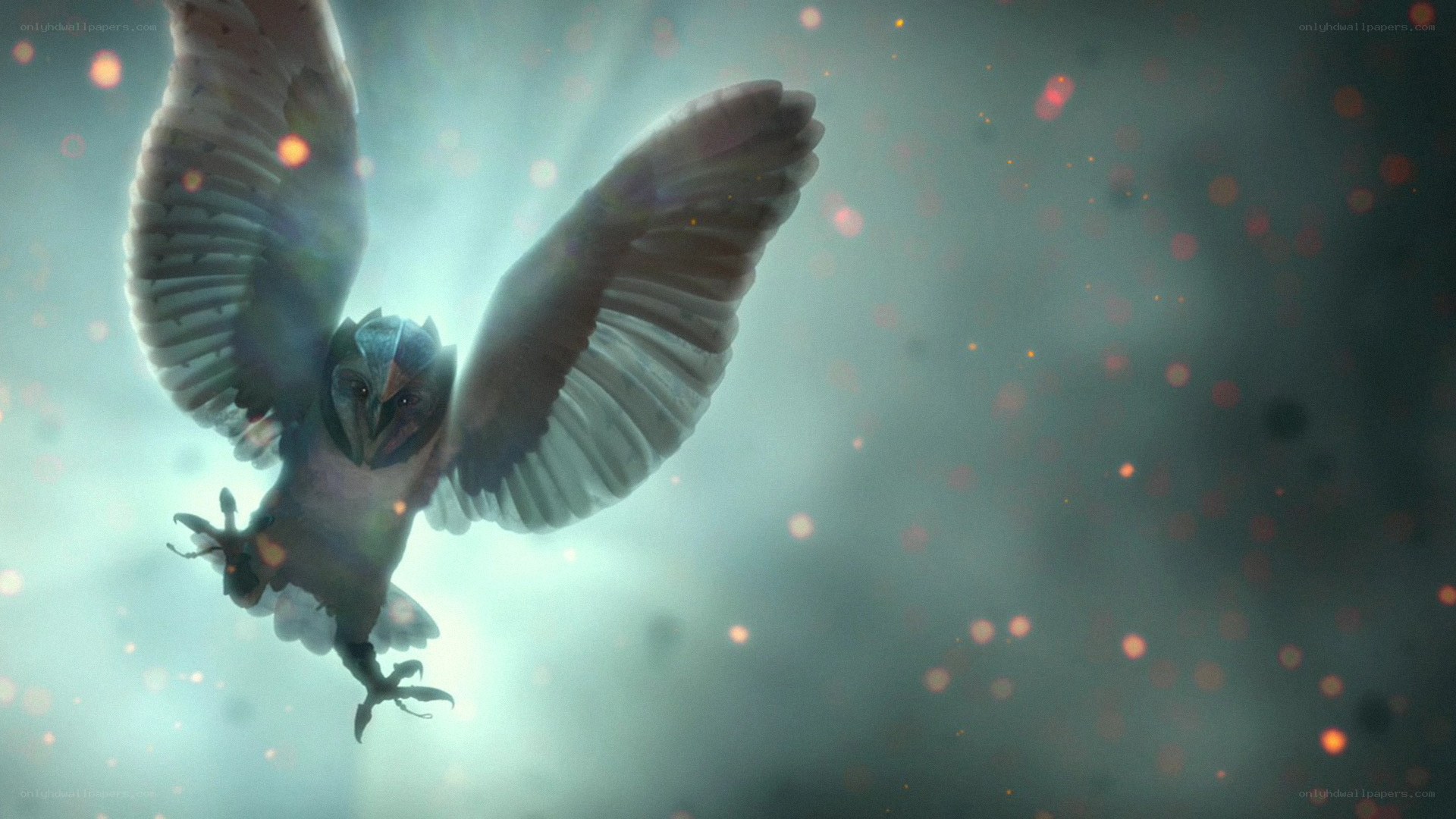 flying owl in glowing mist