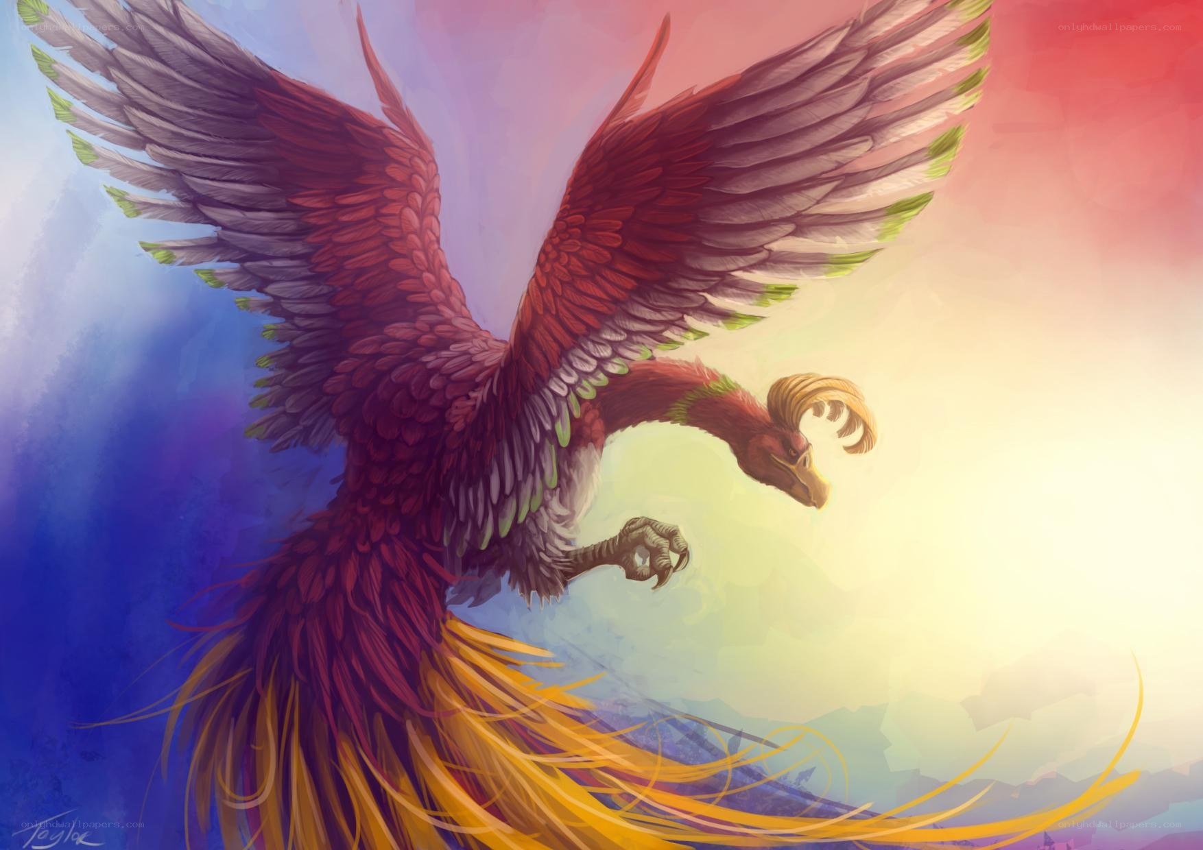 flying phoenix in colorful sky