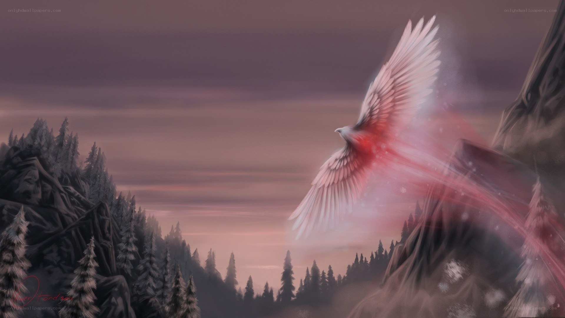 flying phoenix over snowy mountains