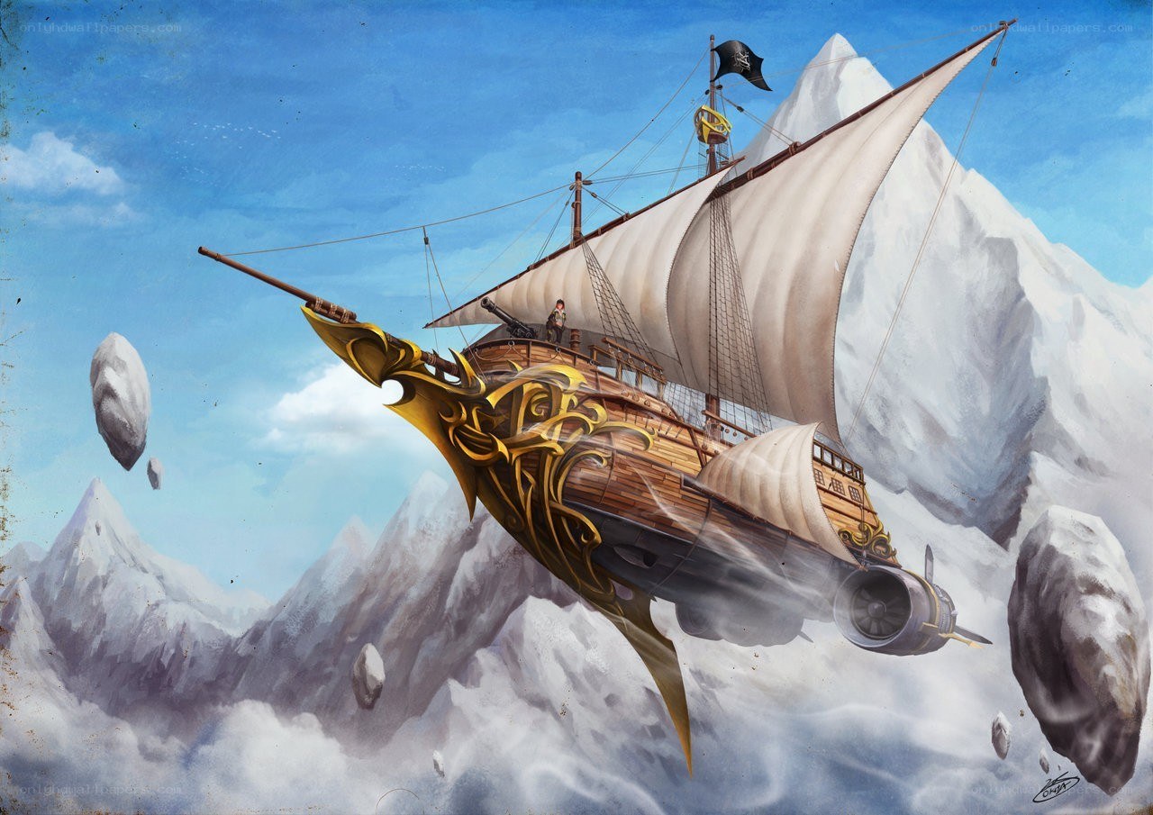 Flying pirate ship in mountains