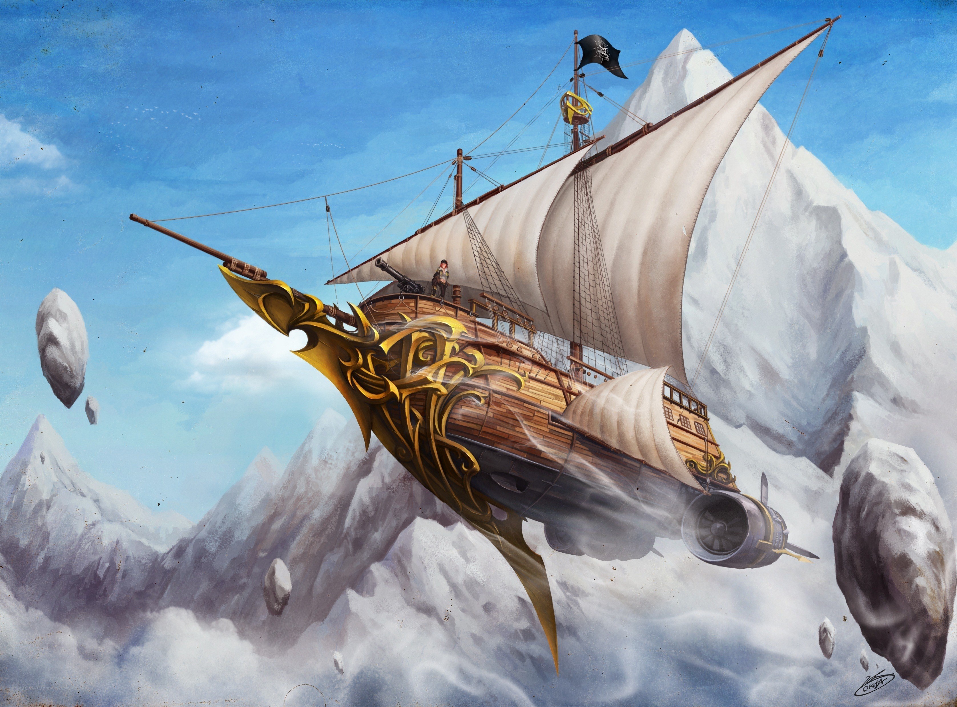 Flying pirate ship in mountains