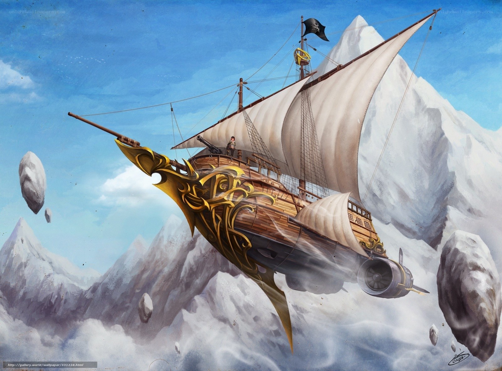 flying pirate ship in mountains