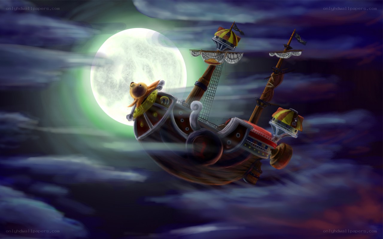 Flying pirate ship under moon
