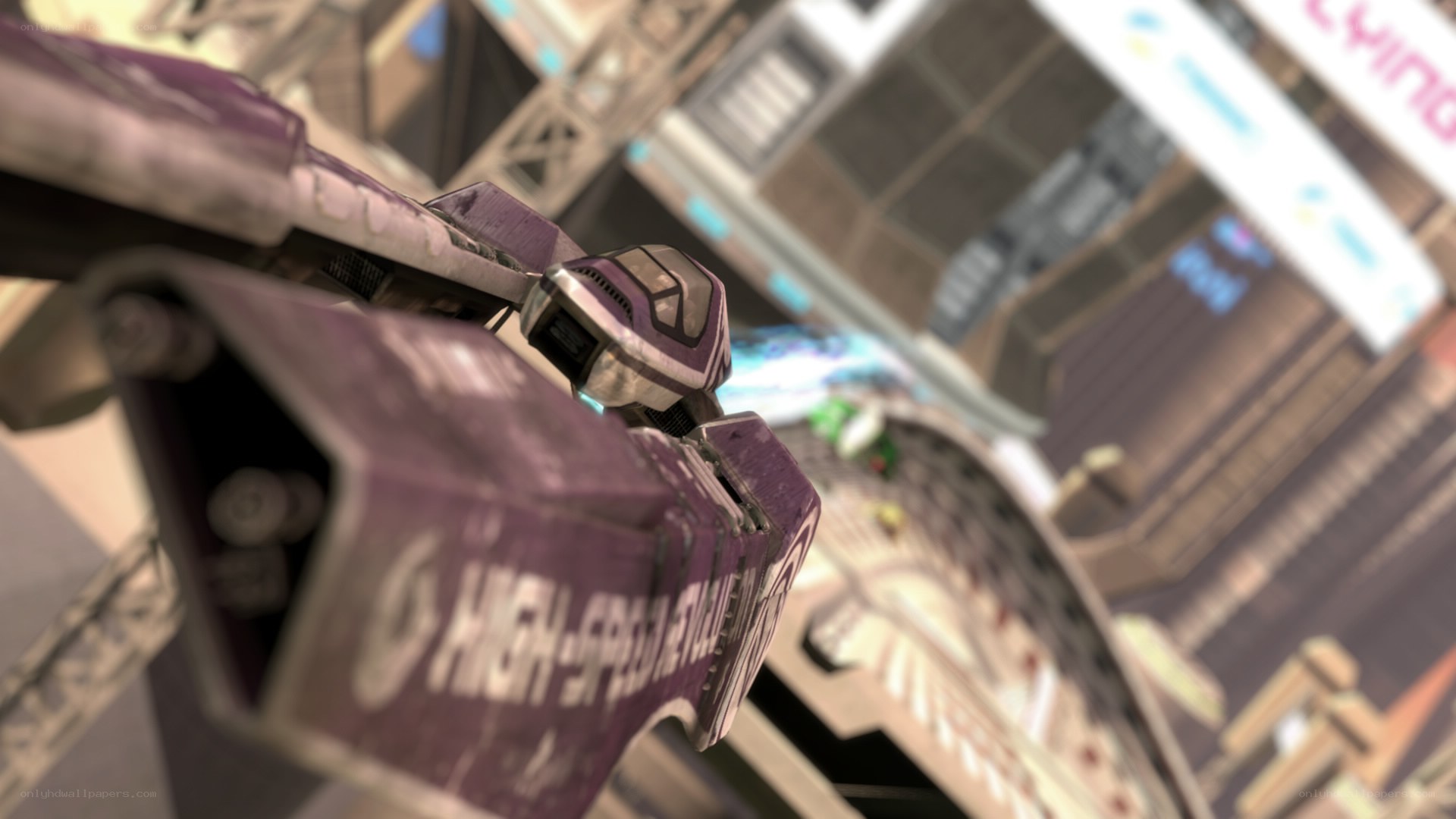 flying purple vehicle in city