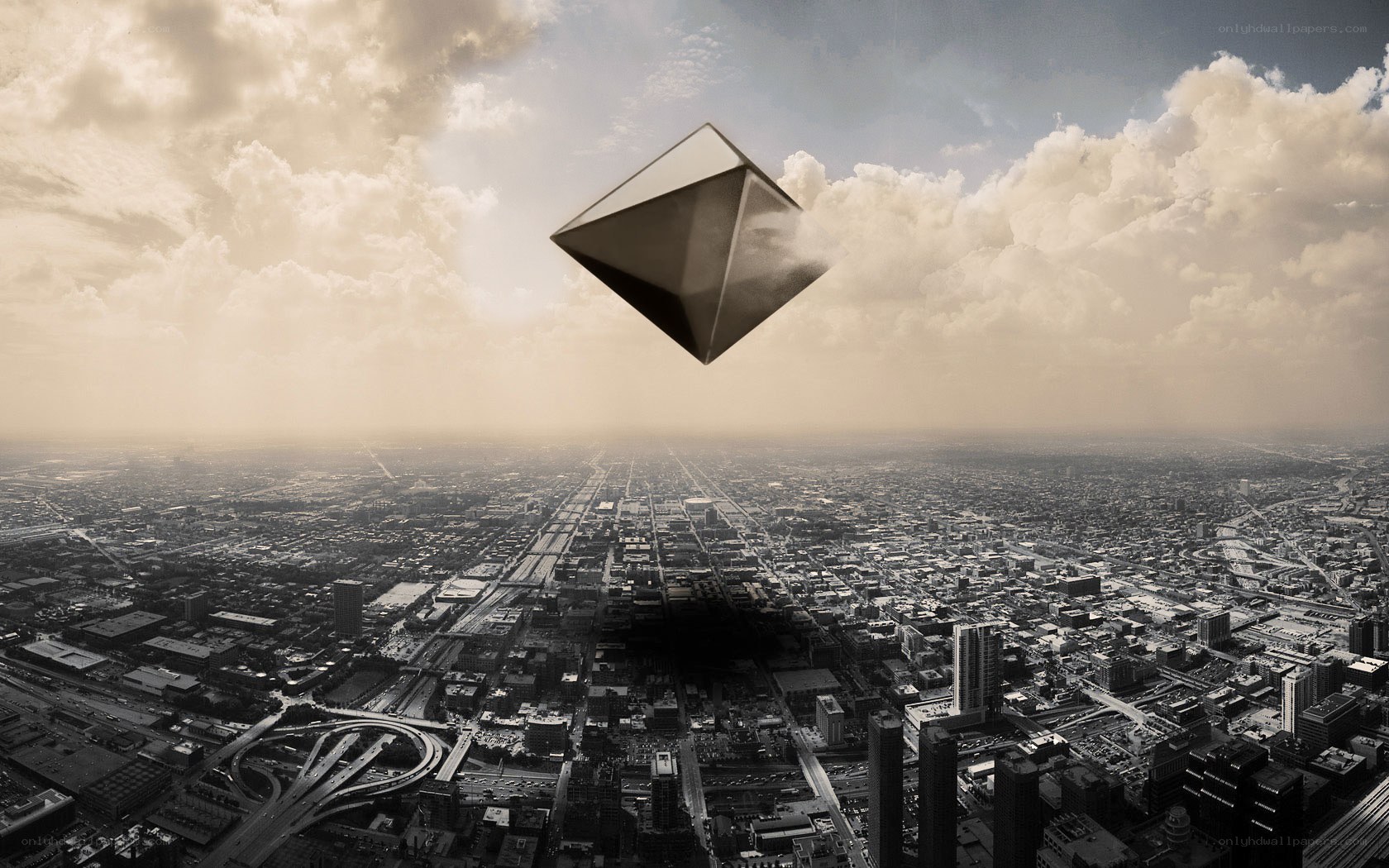 flying pyramid over city