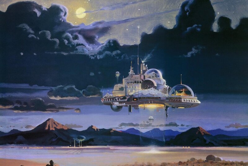 flying saucer over alien landscape
