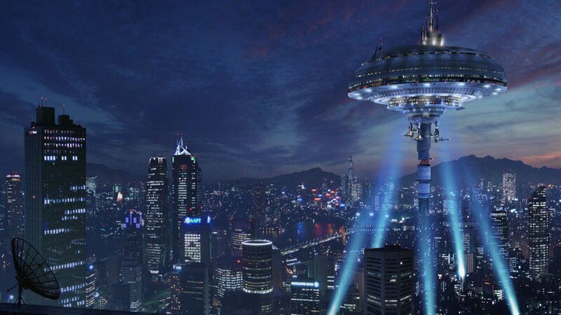 Flying Saucer over City — Blue, Dramatic, Night