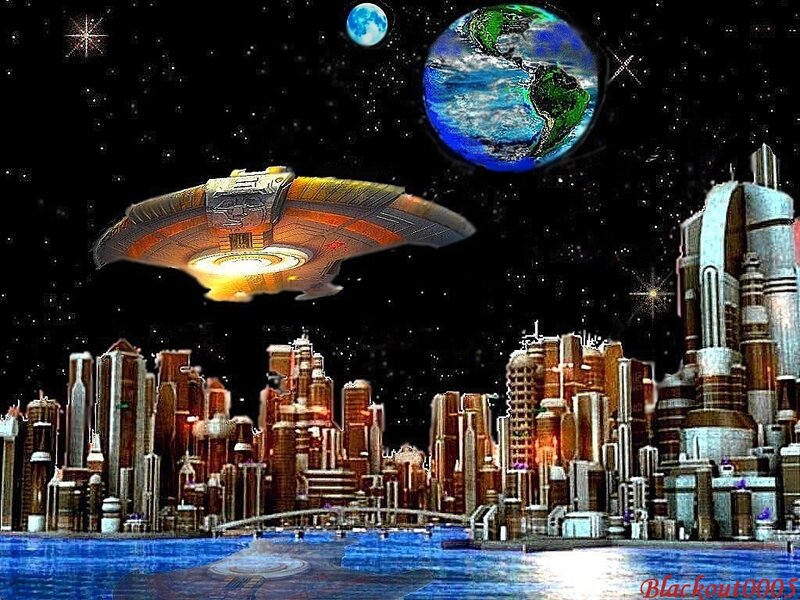 Flying Saucer over City — Blue, Dramatic