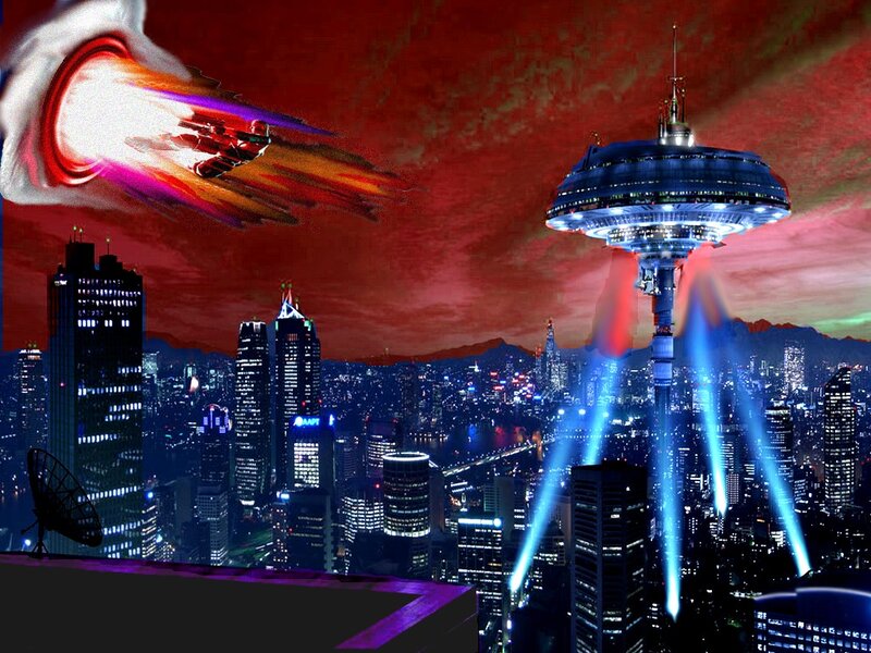 Flying Saucer over City — Red