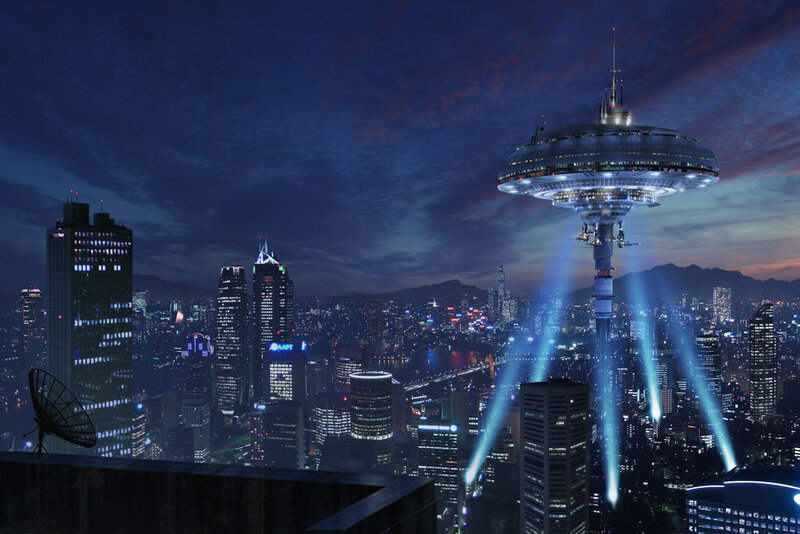 flying saucer over city
