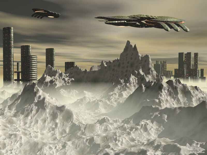 Flying Saucers over City — Gray