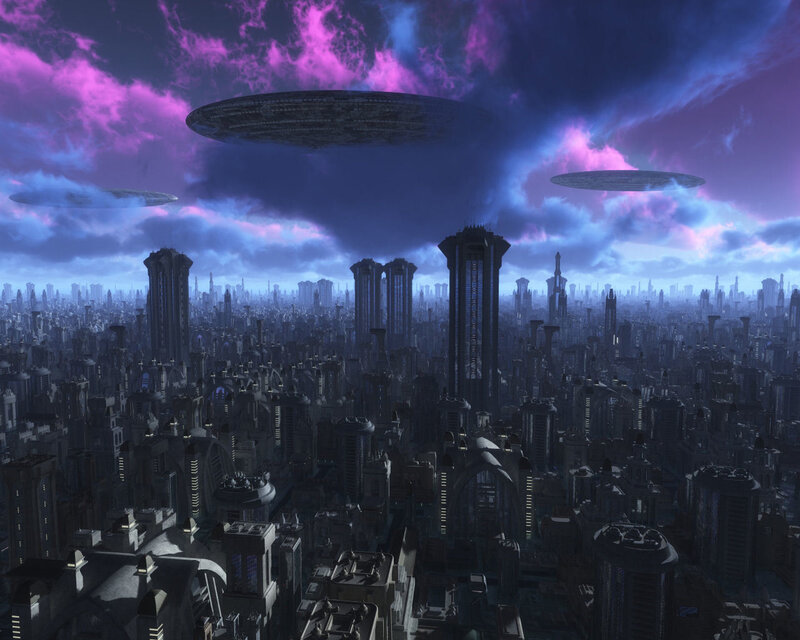 Flying Saucers over City — Purple