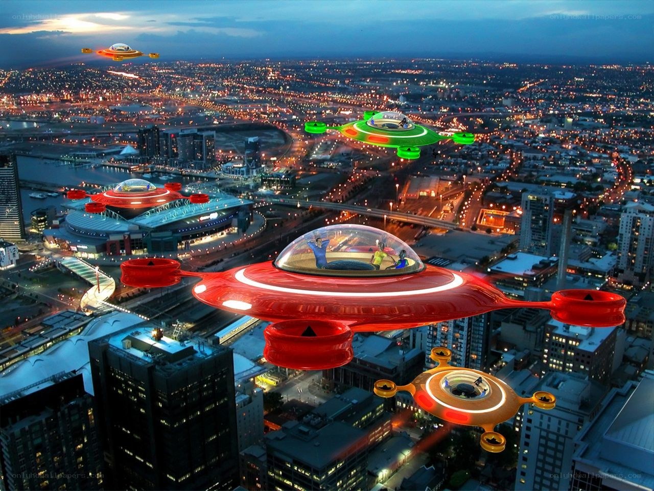 flying saucers over city