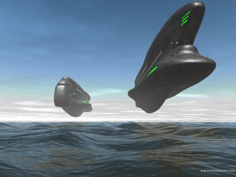 flying saucers over ocean