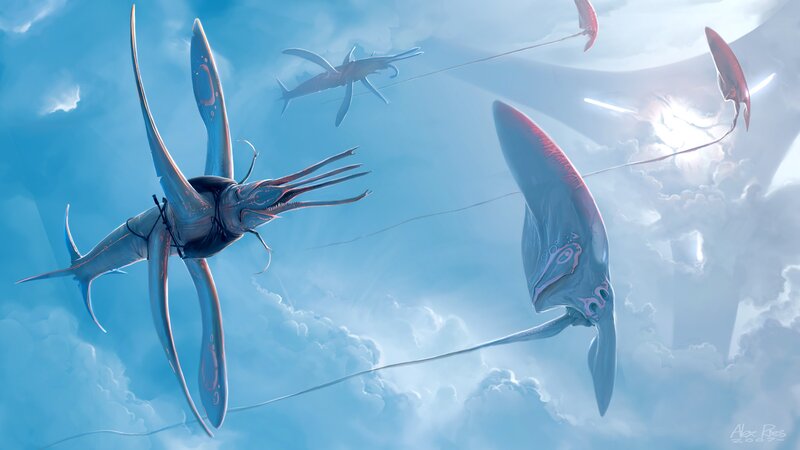 Flying Sea Creatures — Blue, Serene, Digital Art, Clouds