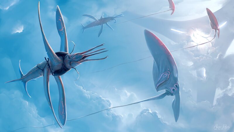 Flying Sea Creatures — Blue, Serene, Digital Art