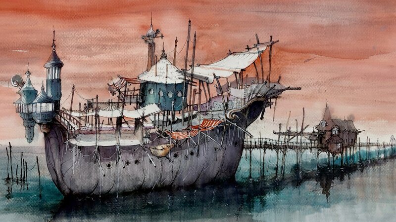 Flying Ship at Sunset