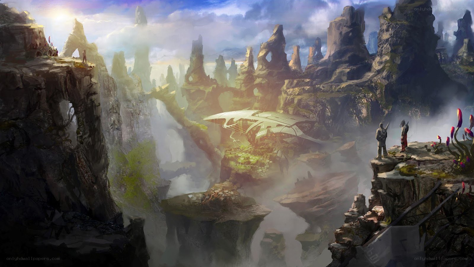 flying ship in a canyon