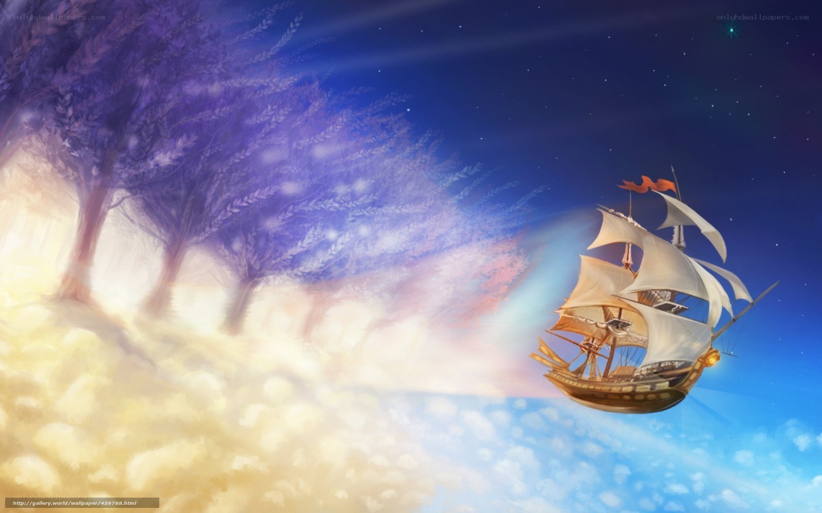 Flying ship in a dreamy sky