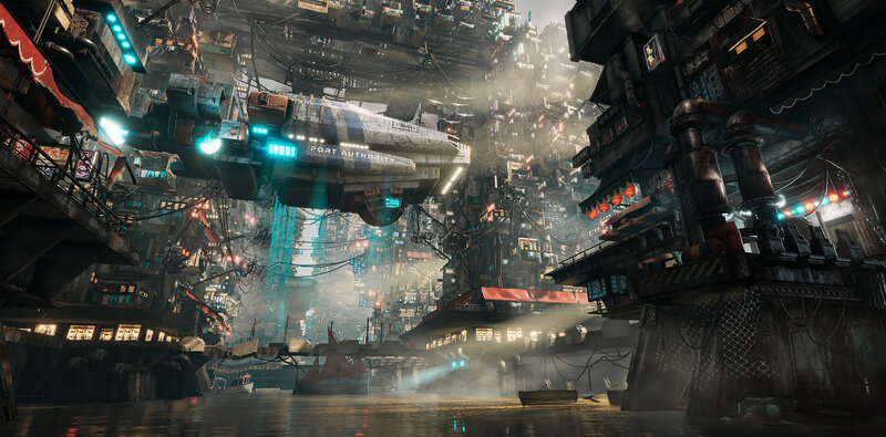 Flying Ship in City — Gray