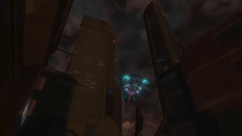 flying ship in cityscape