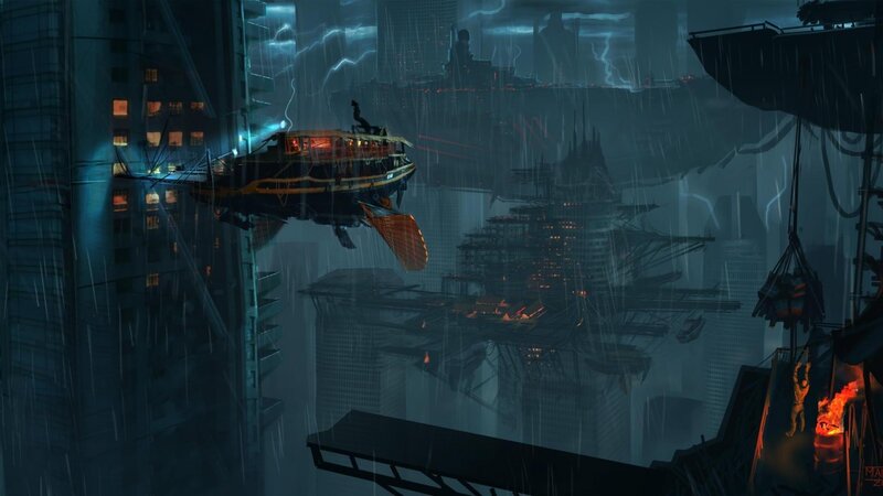 flying ship in rainy city