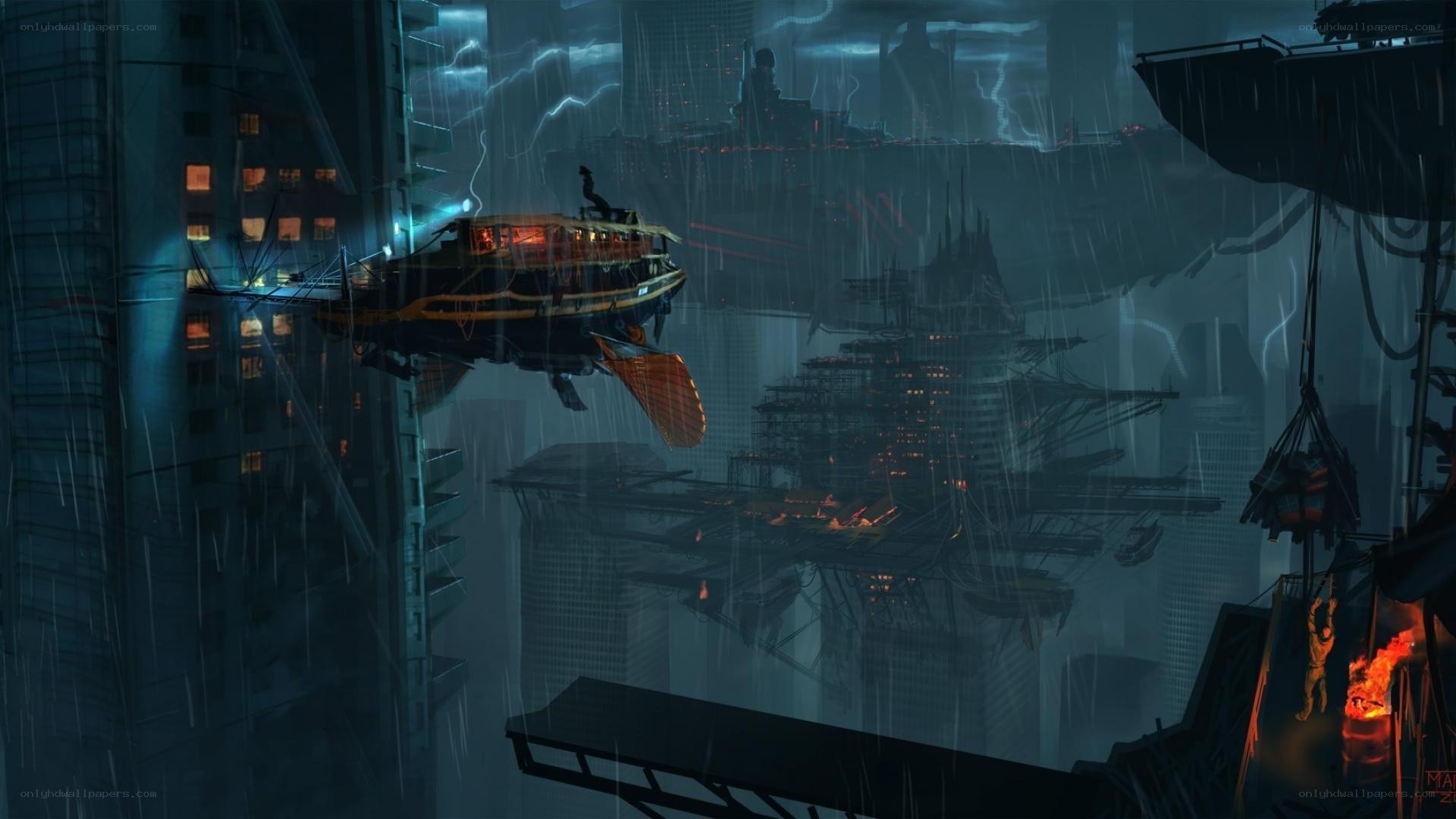 flying ship in rainy city