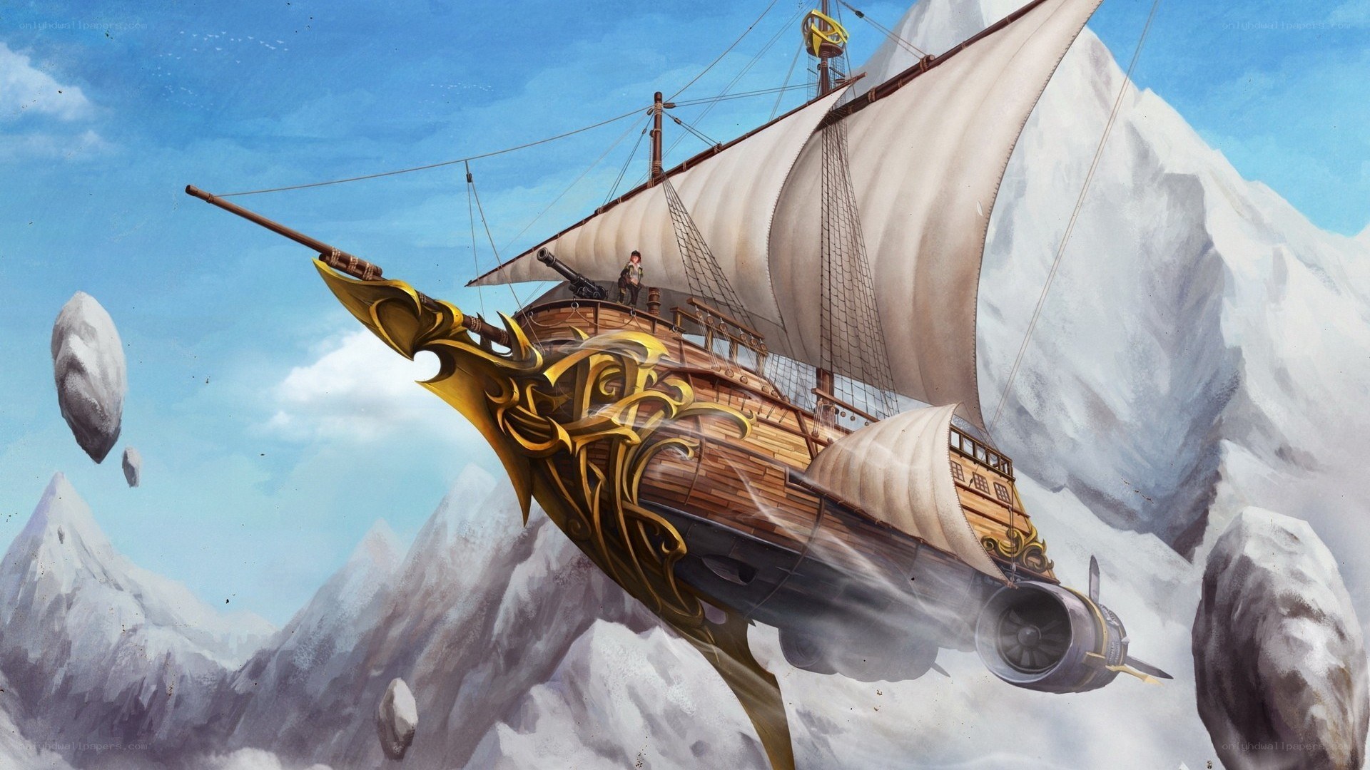 flying ship in snowy mountains