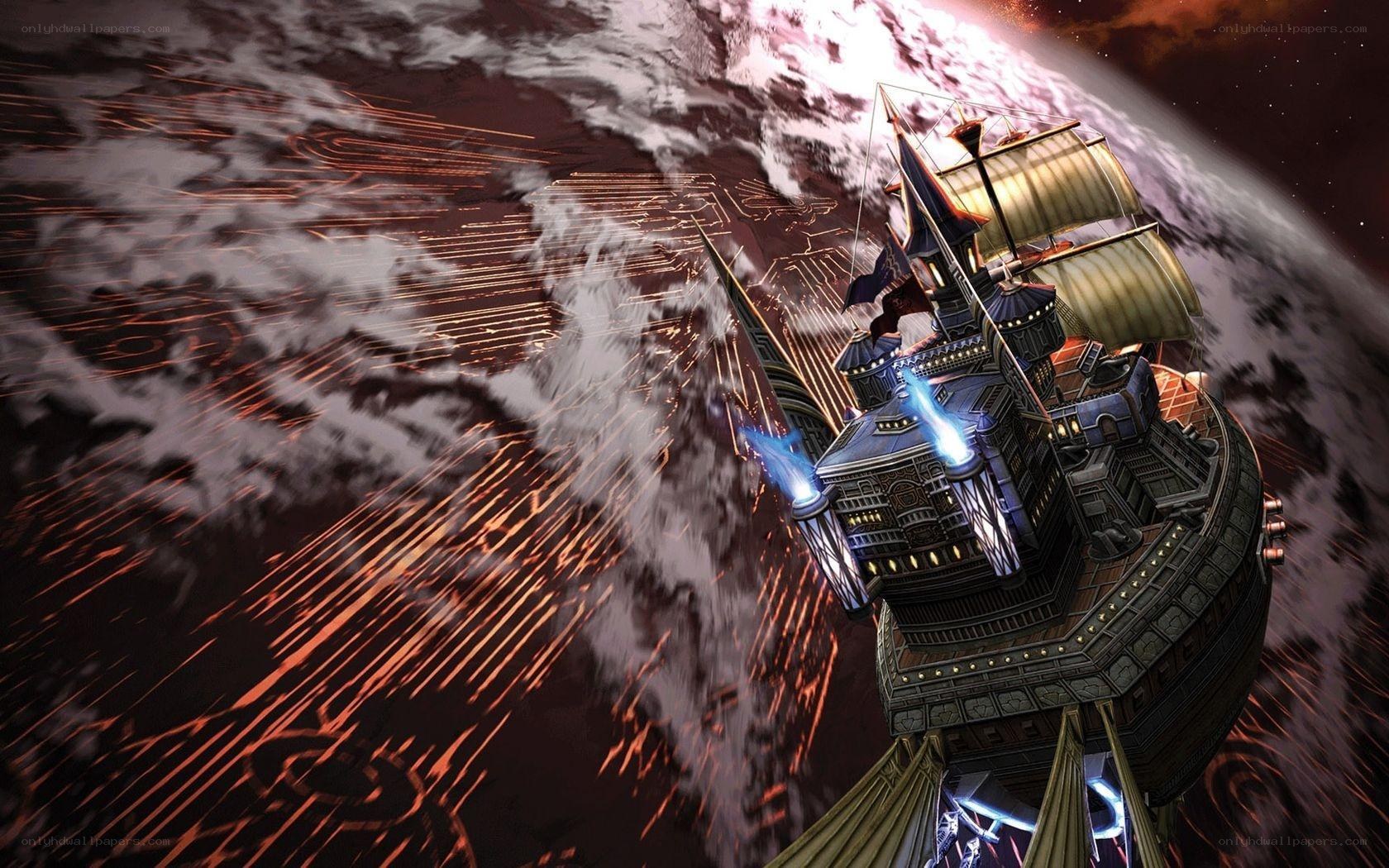 flying ship in space