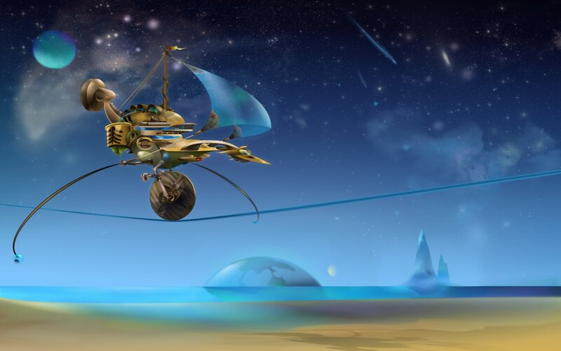 flying ship in starry sky