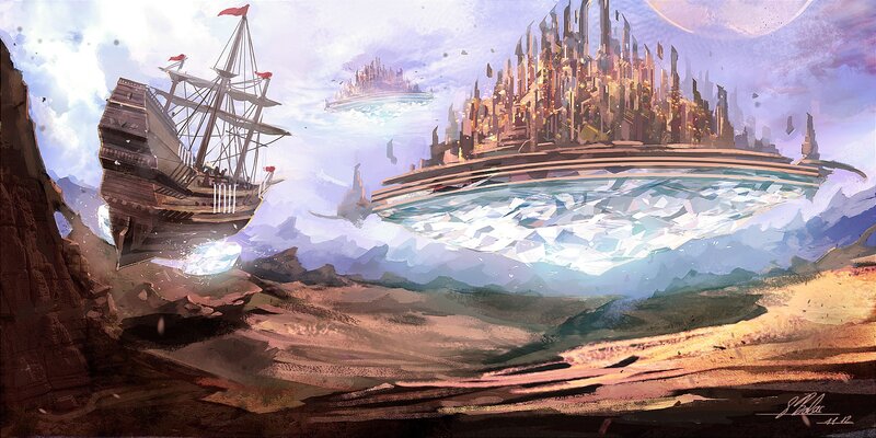 Flying ship near floating city