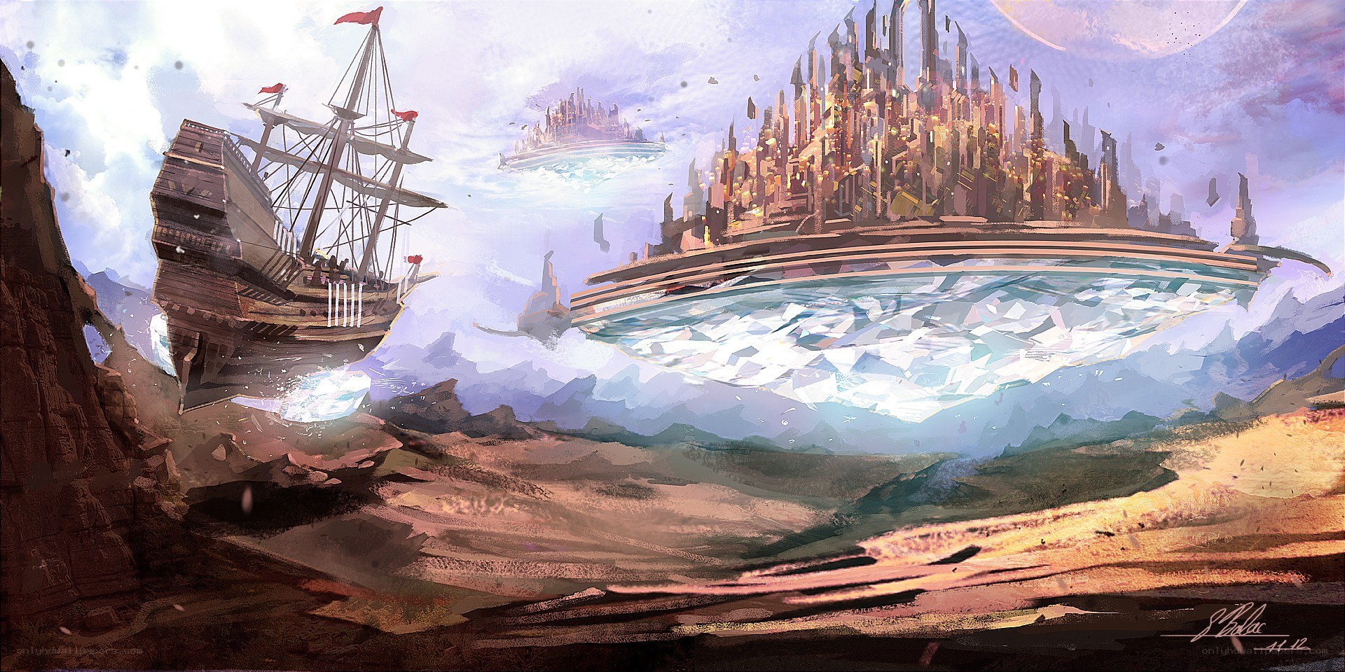 Flying ship near floating city