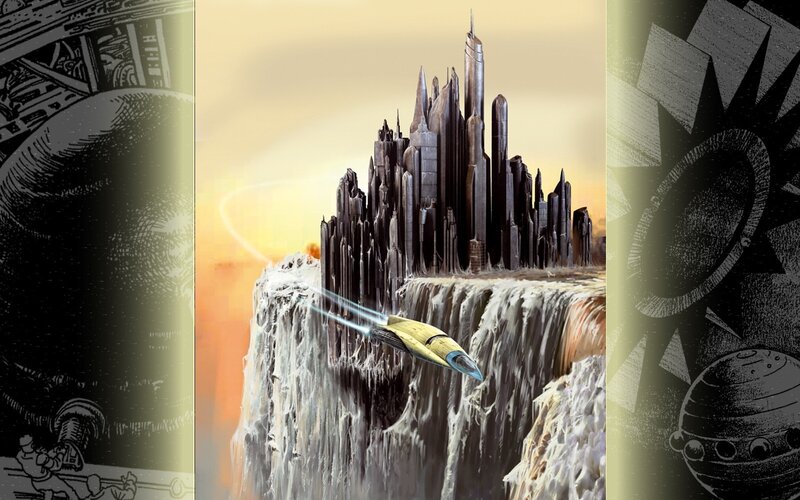 flying ship near futuristic city