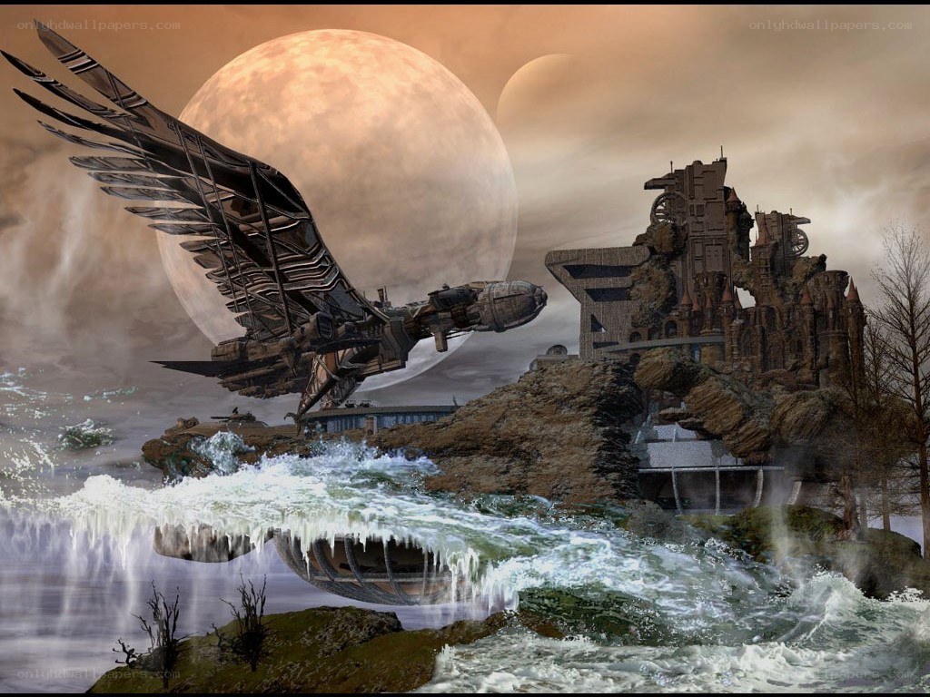 flying ship over alien landscape