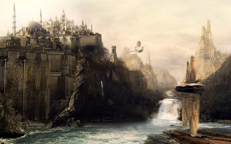 Flying Ship over Castle — Brown, Dramatic