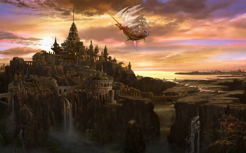 Flying Ship over Castle — Orange, Dramatic, Sunset