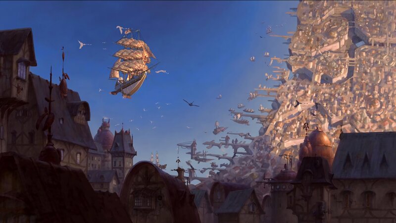 Flying Ship over City — Blue, Dramatic, Afternoon