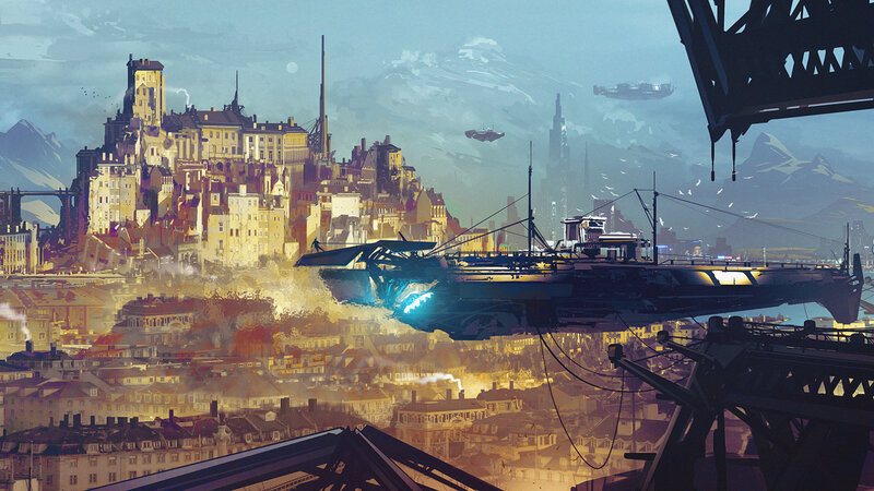 Flying Ship over City — Blue, Dramatic, Sunset