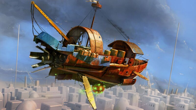 Flying Ship over City — Blue, Dramatic