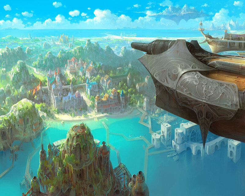 Flying Ship over City — Blue