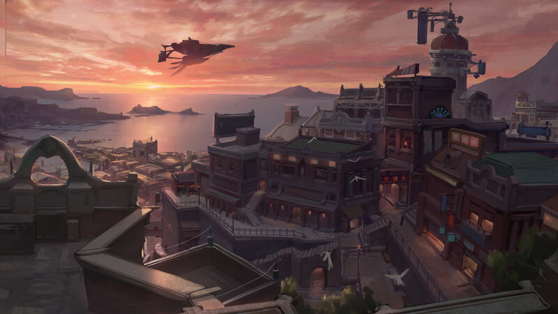Flying Ship over City — Orange, Dramatic