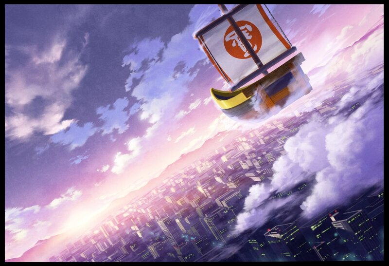 Flying Ship over City — Purple, Dramatic, Sunset