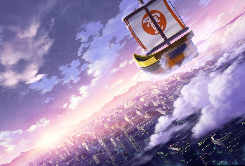 Flying Ship over City — Purple, Dramatic