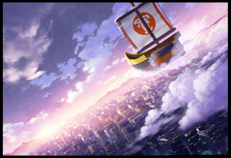 Flying Ship over City — Purple