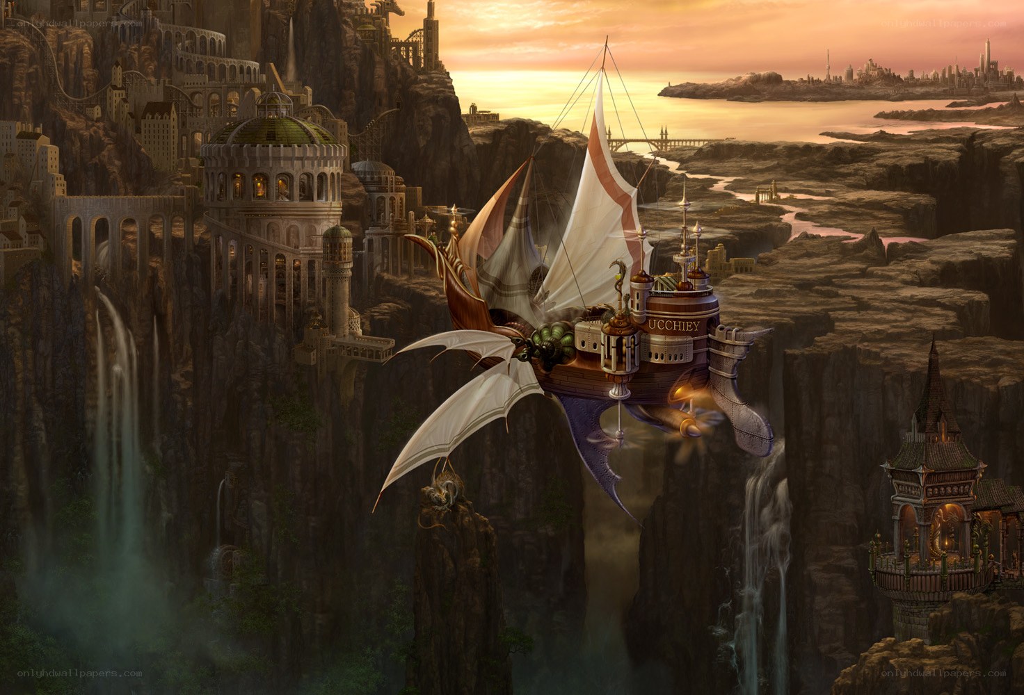 flying ship over cliff city