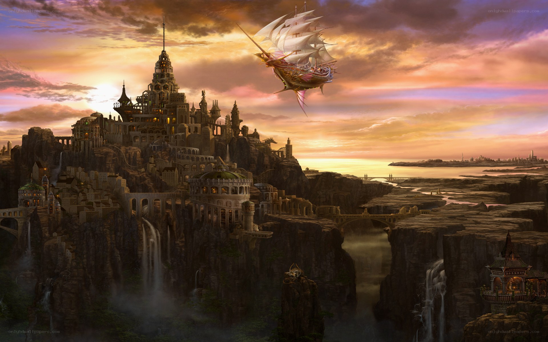 flying ship over cliff city