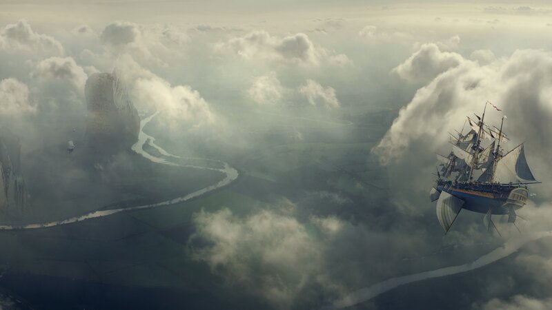 flying ship over clouds